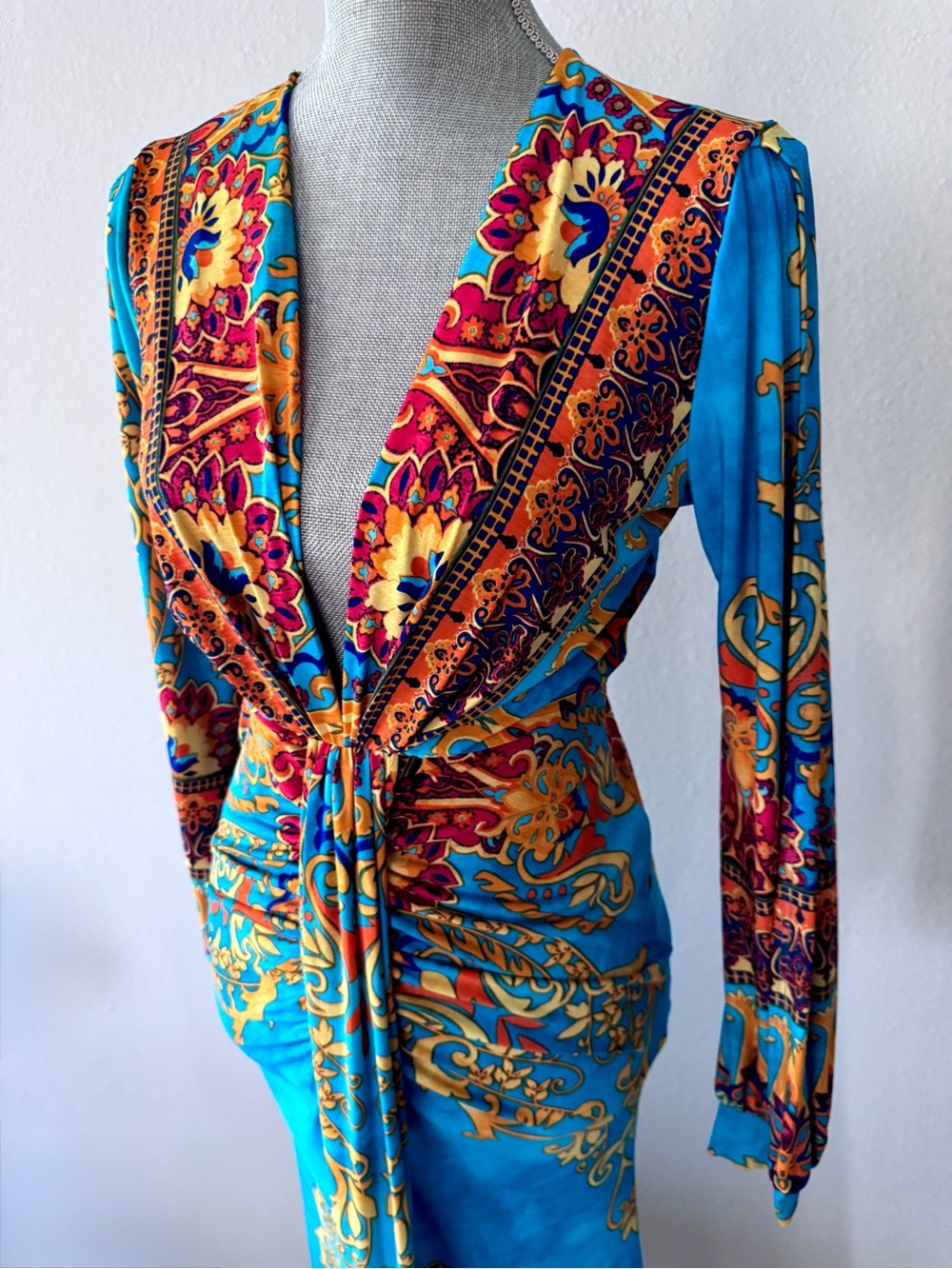 Vibrant Turquoise & Gold Print Maxi Dress with Deep V-Neck